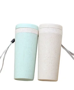 Image of Custom logo Eco- friendly biodegradable wheat straw double wall wheat straw drinking water bottle tumbler with handle
