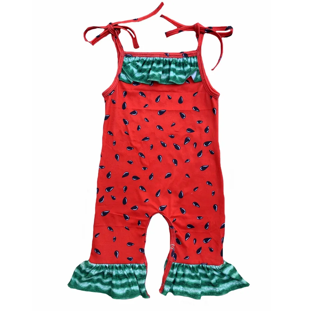 

Fresh Watermelon Print Square Ruffle Collar Romper Bodysuit Sleeveless Strap One piece Jumpsuit for baby girls, Color chart