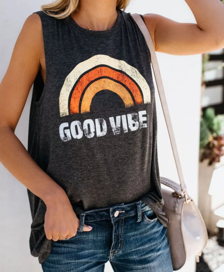 

AT4118 2019 round neck sleeveless rainbow GOOD VIBE casual ladies vest t-shirt