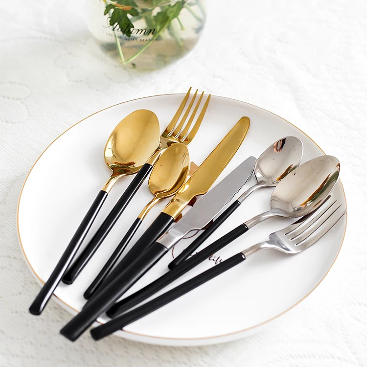 

High Quality eco friendly 18/10 stainless gold and Black cutlery set, Pink