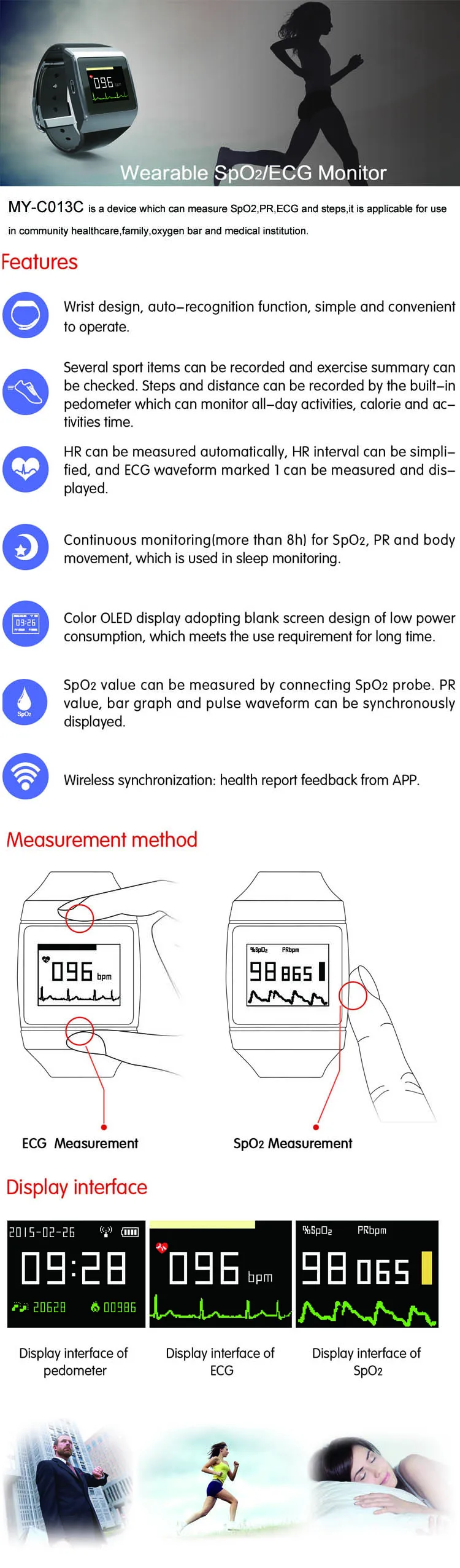 CE/FDA Approved Sport Smart Watch Wearable SpO2/ECG/blood pressure Monitor with bluetooth