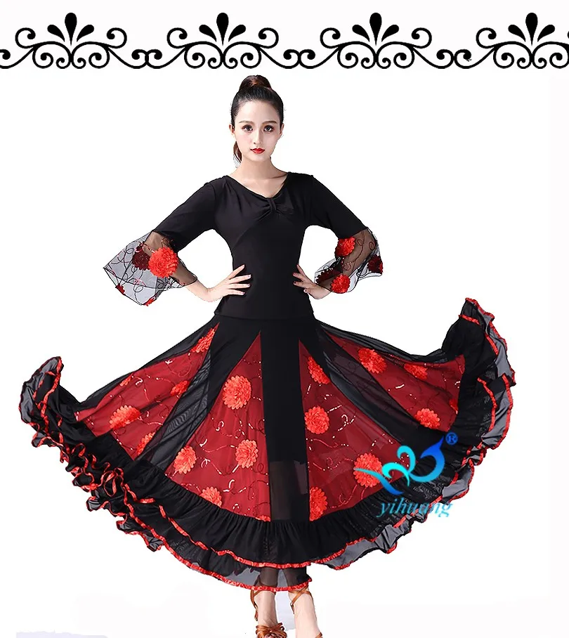 弗拉门戈现代舞蹈服装比赛套装华尔兹探戈光滑的舞厅舞蹈上衣和裙子