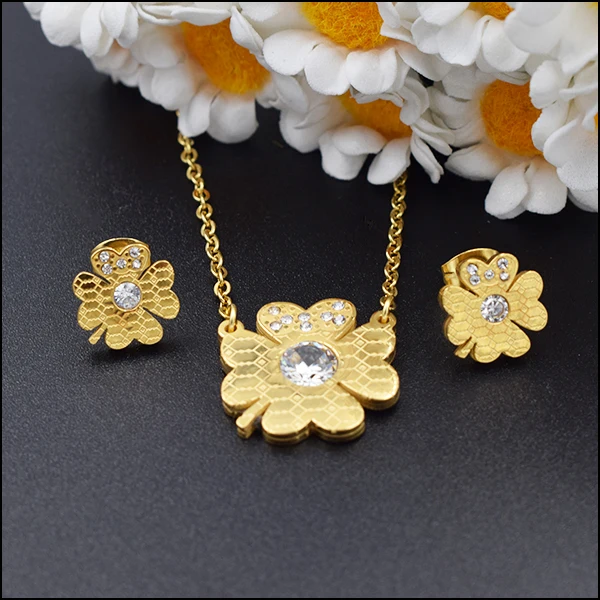 

Trendy korean stainless steel jewelry stones AAA white zircon 24k gold plated Flowers stainless steel jewelry sets for woman, 18k gold