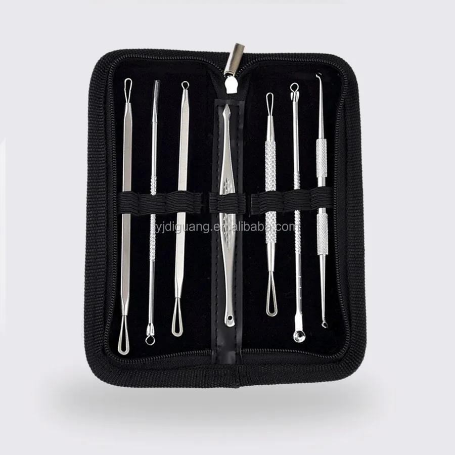 

7PCS Stainless Steel Professional pimple comedone extractor tool facial blackhead remover set with travel case, Silvery