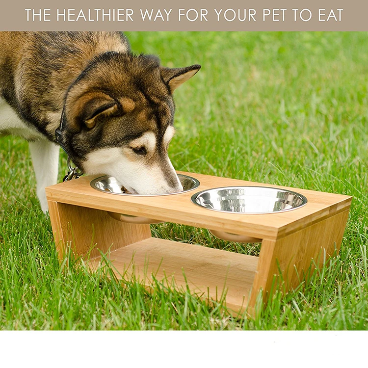 Height Adjustable Raised Bamboo Sublimation Dog Bowls Comederos Para Perros Ceramic Pet Bowl Wooden Pet Feeder With Stand
