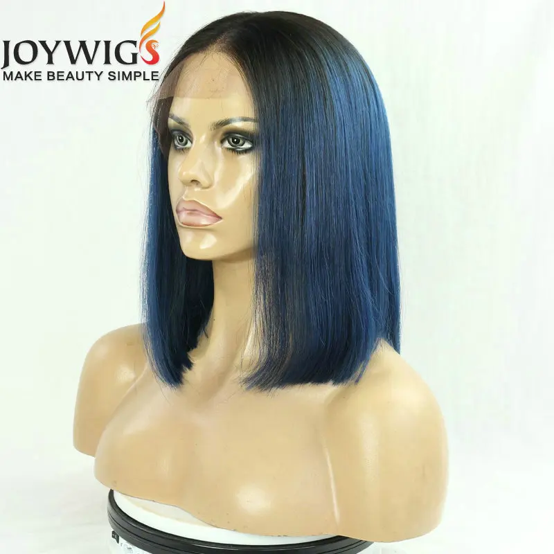 

12inch 1b/Blue ombre color 130% density glueless 13X4.5 lace front wig short bob hairstyle bob cut wigs for african amerian