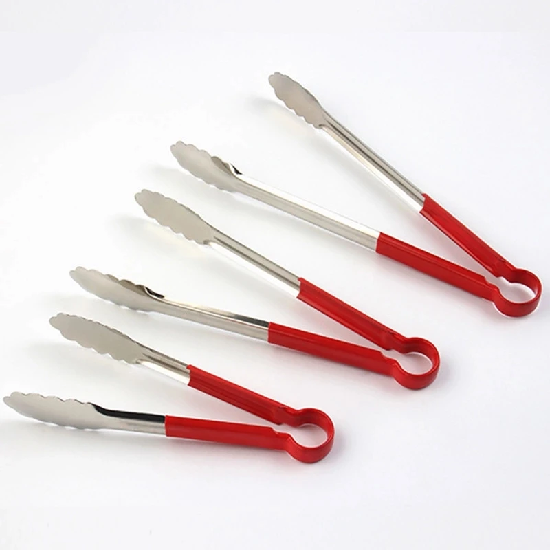 

Hot Stainless Steel Food Bread Barbecue Silicone Kitchen Tongs, Red