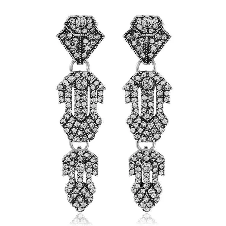 

Wholesale Vintage Pave Set Full Crystal Rhinestones Statement Earrings Antique Silver Plated Chandelier Boho Earring, As picture