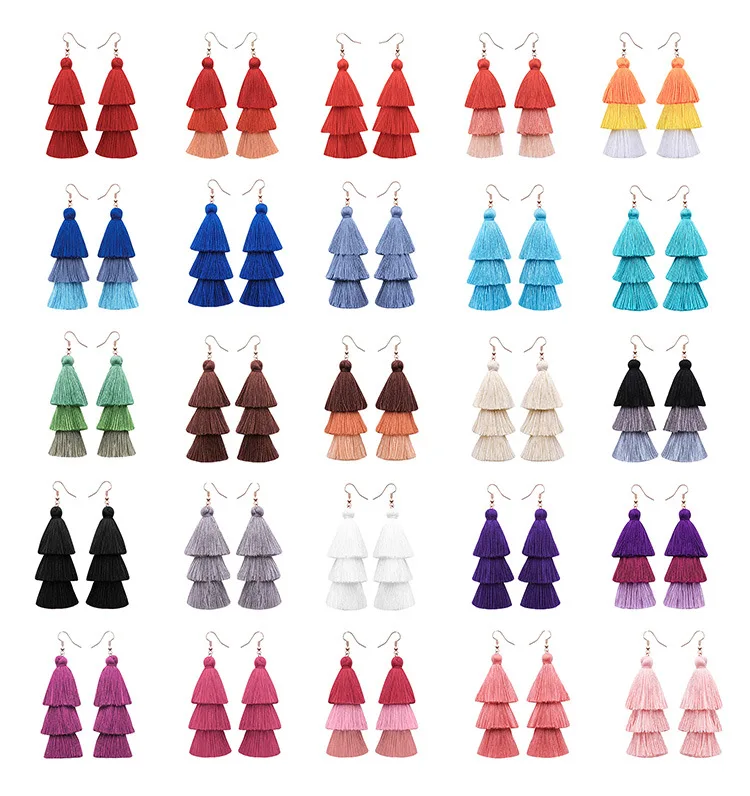 

25 Color Available Long Style Multi Layer Tassel Drop Earrings Hot Sale Triple Layer Long Tassel Hook Earrings for Girls, Picture