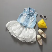 

2PCS Set Little Girls Clothes 2018 Summer Toddler Kids Denim Tops + White Lace Skirt Outfits Children Girl Clothing Set