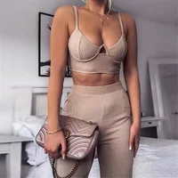 

New Women Ribbed Strapless Crop Top and Pants Sets Knitted Sexy Crop Tops High Waist Pants Ladies Outfits Club Streetwear