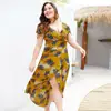 Free Shipping OEM Wholesale big women deep v ruffle long dress Plus Size lady Dresses floral print women dresses