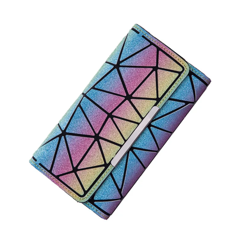 

summer High quality Rainbow Sequin wallet three fold luminous purse Fashion Geometric hologram light reflective wallet for women, Black, silver, white, red, rose, blue