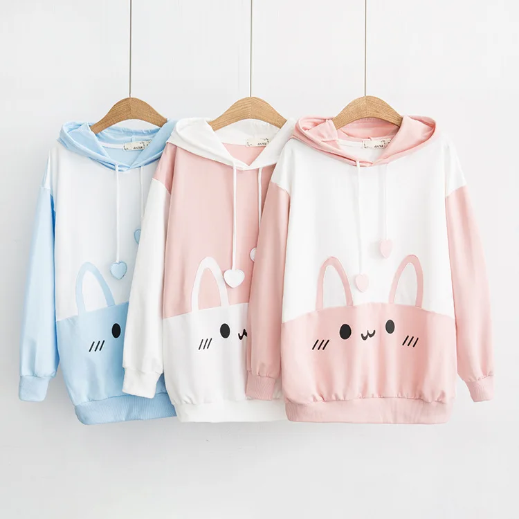 

Harajuku Rabbit Hoodie Lolita Mori Girls Hoody Pullover With Ears Kawaii Junior Student Women Hoodies Autumn Tops 3colors