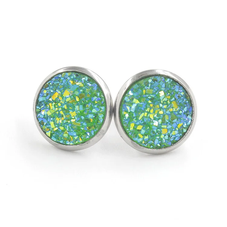 

Round 12mm Stainless Steel Resin Trendy Druzy Stone Stud Earrings, Silver color