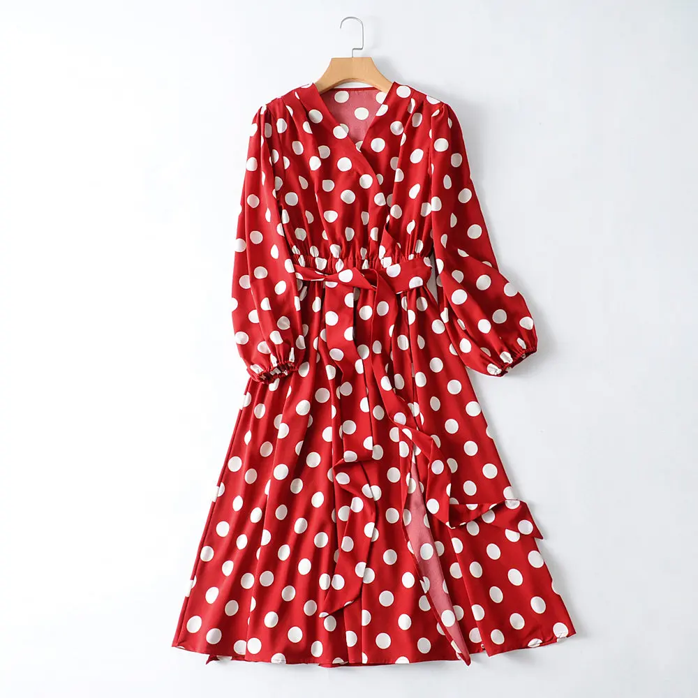 

Elegant design v neck long sleeve polka dot printed women plus size dress with belt