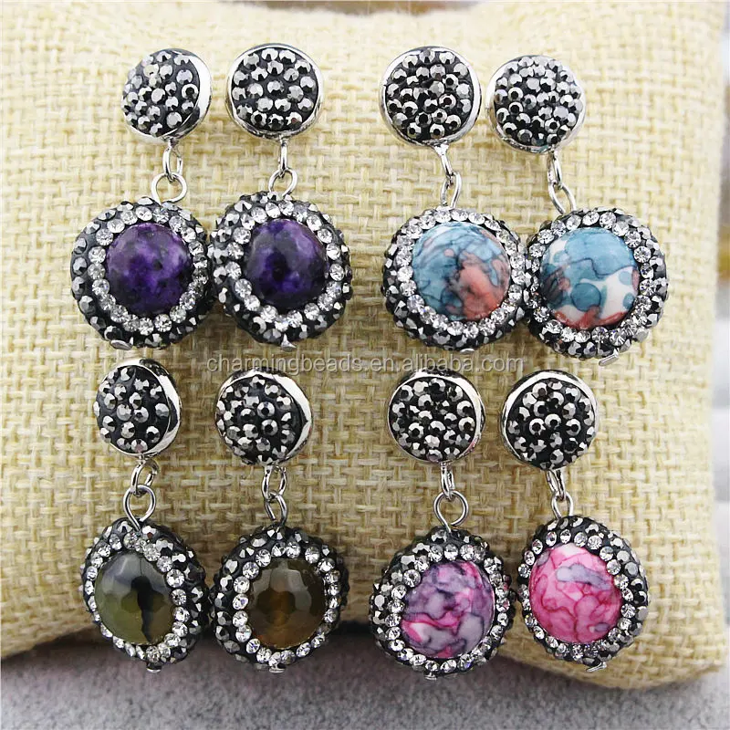 CH-MAE0137 Wholesale pave diamond jewelry stone earring,fashion silver plated rhinestone agate earring,hot sale charms earrings