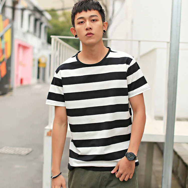 2019 Hot sale summer loose stripe custom logo printing short sleeve men t shirt