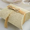 Beige Embossing Vertical stripes paper pillow gift box with Bow ribbon