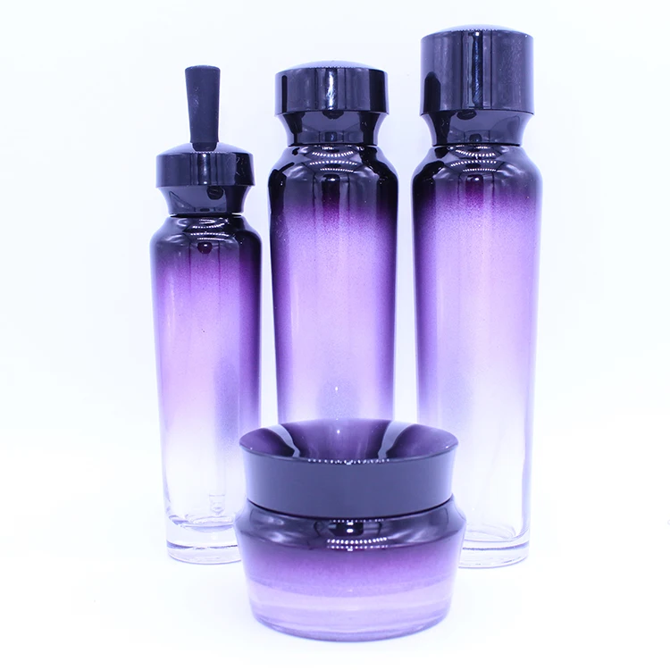 品玻璃瓶与黑色移液器和喷雾血清 名称 中国工厂紫色玻璃乳液瓶套装