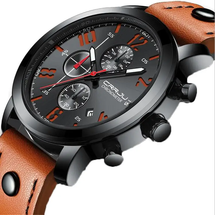 

Crrju sport waterproof mens watches casual leather strap automatic date chronograph watch relogio masculino, 53colors