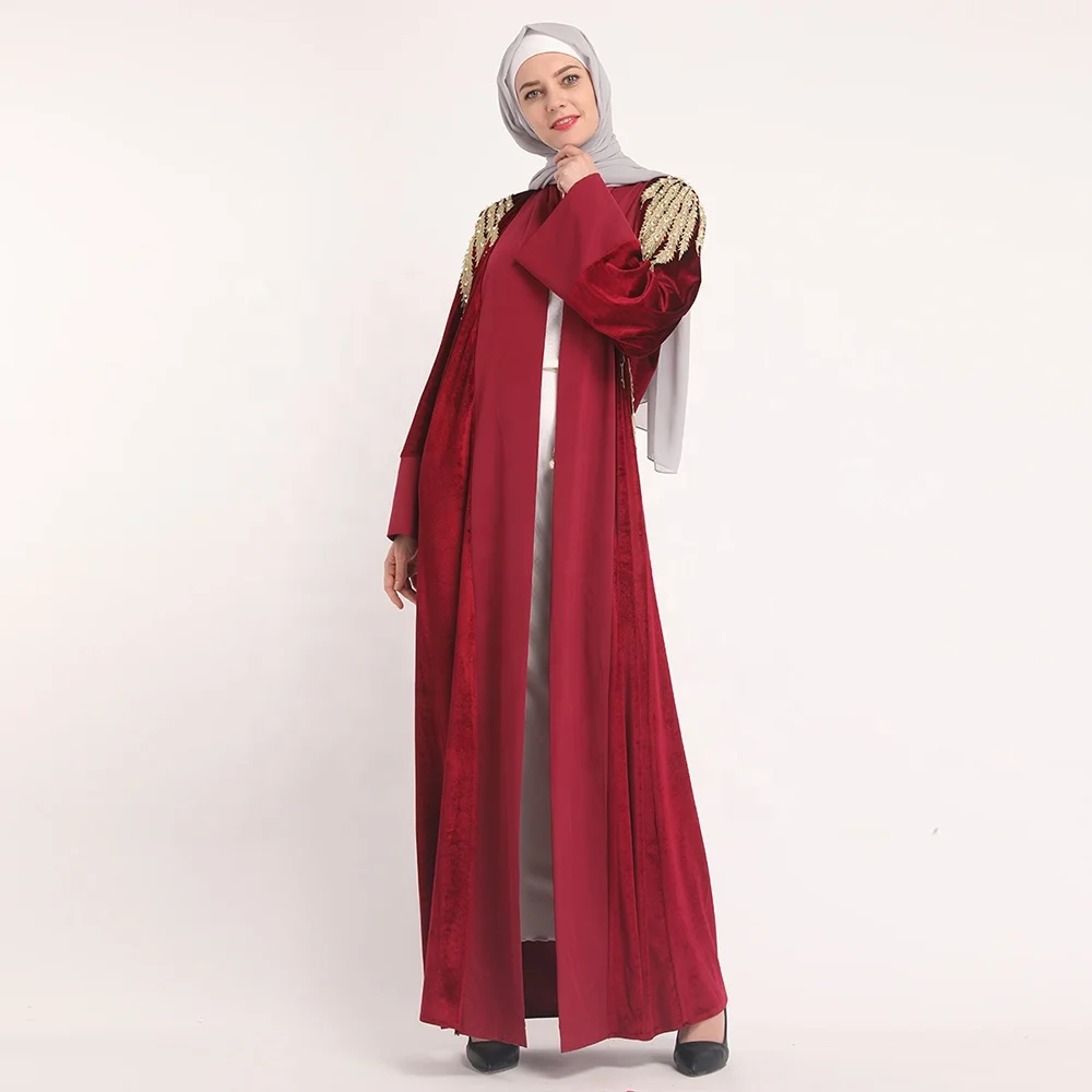 

2019 new fashion muslim women open abaya dress cardigan velvet with lace and pearl islamic clothing, Wine red, blue, black