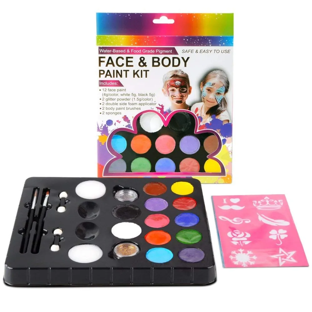 

Non toxic private label body face paint 12 colors face painting kit for kids with stencil glitter EN71 MSDS certificated