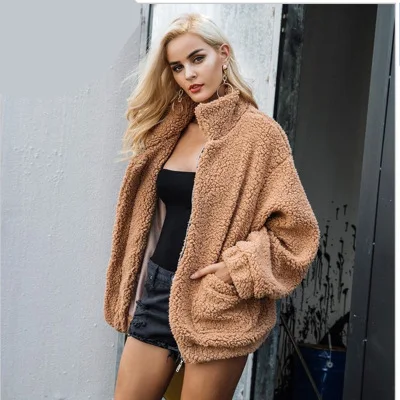 

Amazon hot sale New winter warm clothes ladies lamb oversize zipper jacket sheep fur overcoat cashmere woolen coat for women, Picture