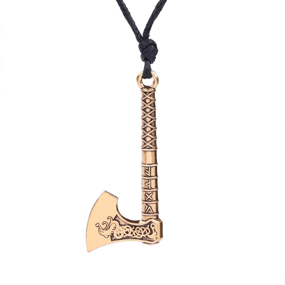 

Vintage Norse Viking Dragon Amulet Runes Axe Pendant Pagan Irish Knots Necklace Wax Cord Chain Men Jewelry Wholesale, As shown