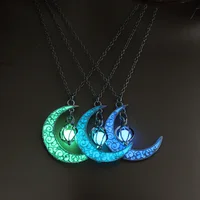 

2019 Glow In the Dark Jewelry Silver Plated with Crescent Shaped Pendant Luminous Stone Beads Necklace for Women Gift