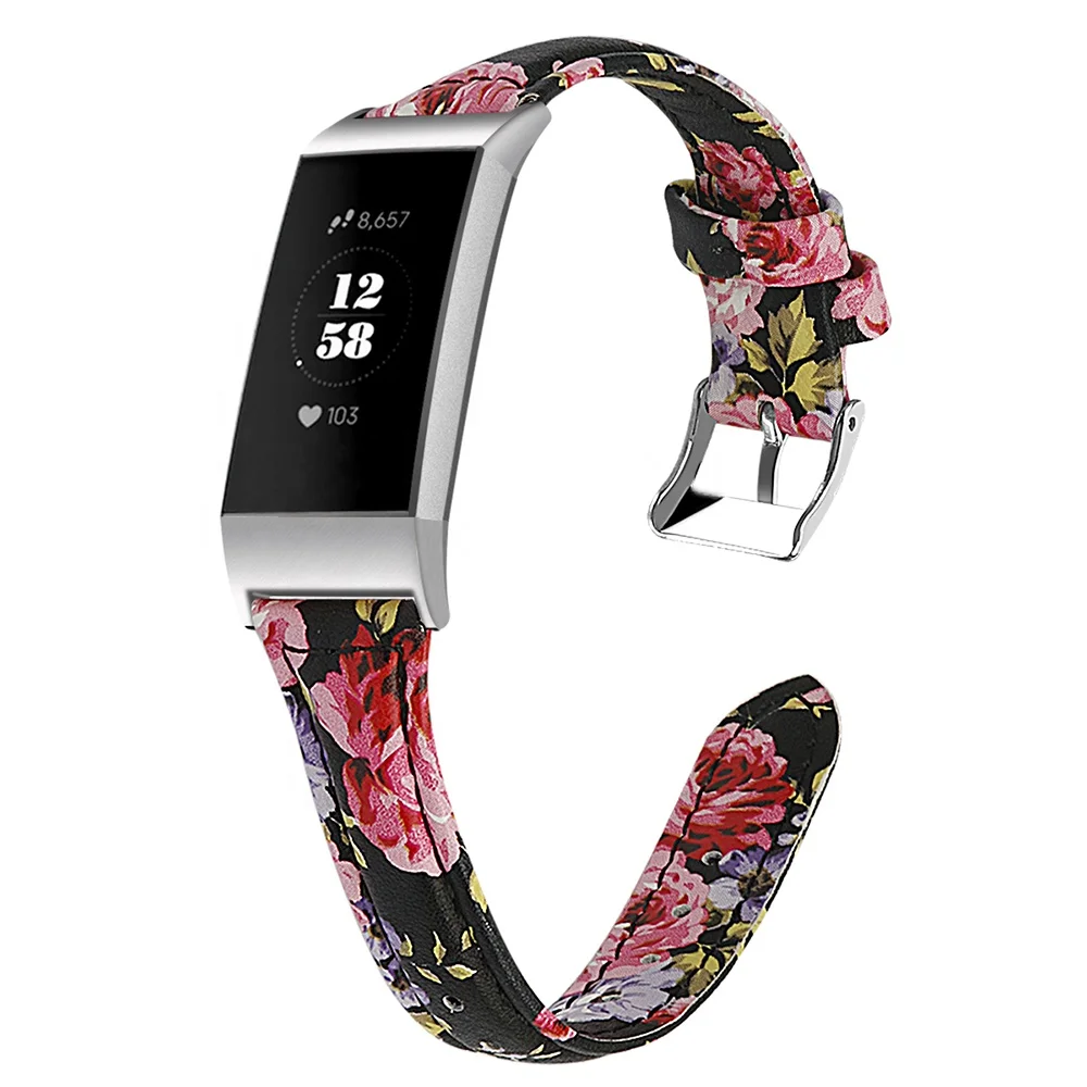 

New Design Flower Printing 18mm Female Leather Watch Band Accessories for Fitbit Charge 3/4 Strap, 11 color in silver head+9 color in black head/rose pink head