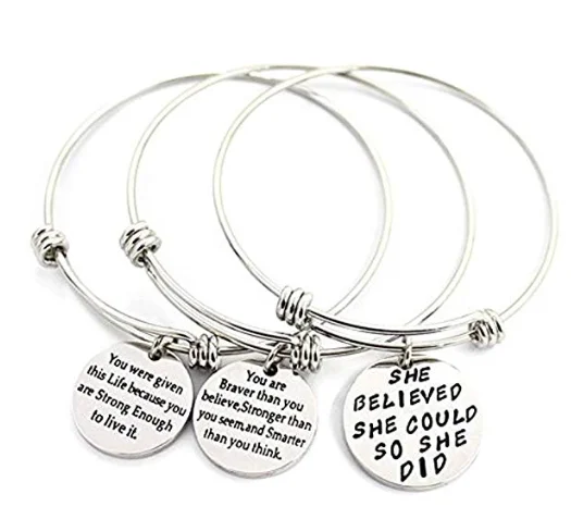 

Silver Adjustable Bracelet Plated Stainless Steel Motivational Quote Bangle Girls