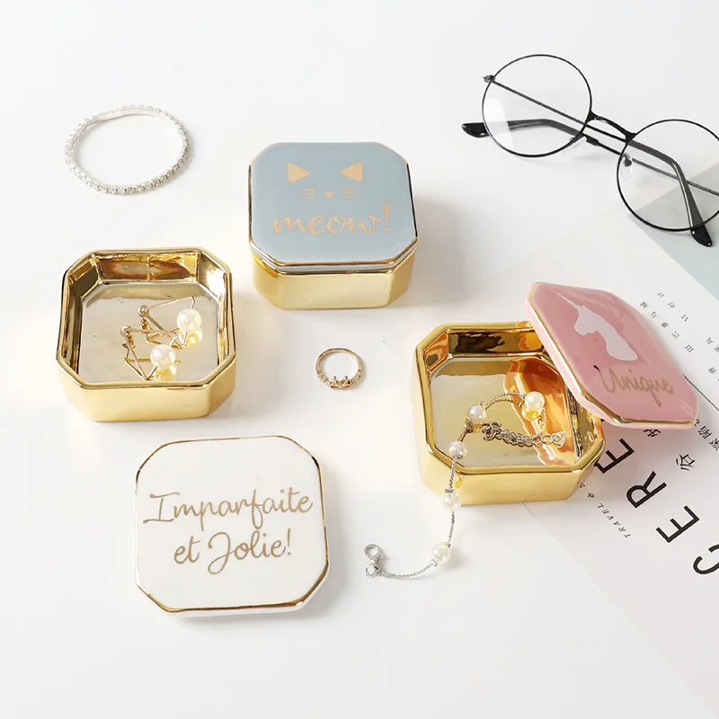 

Ins style Nordic desktop electroplated ceramic ring jewelry storage box, Gold