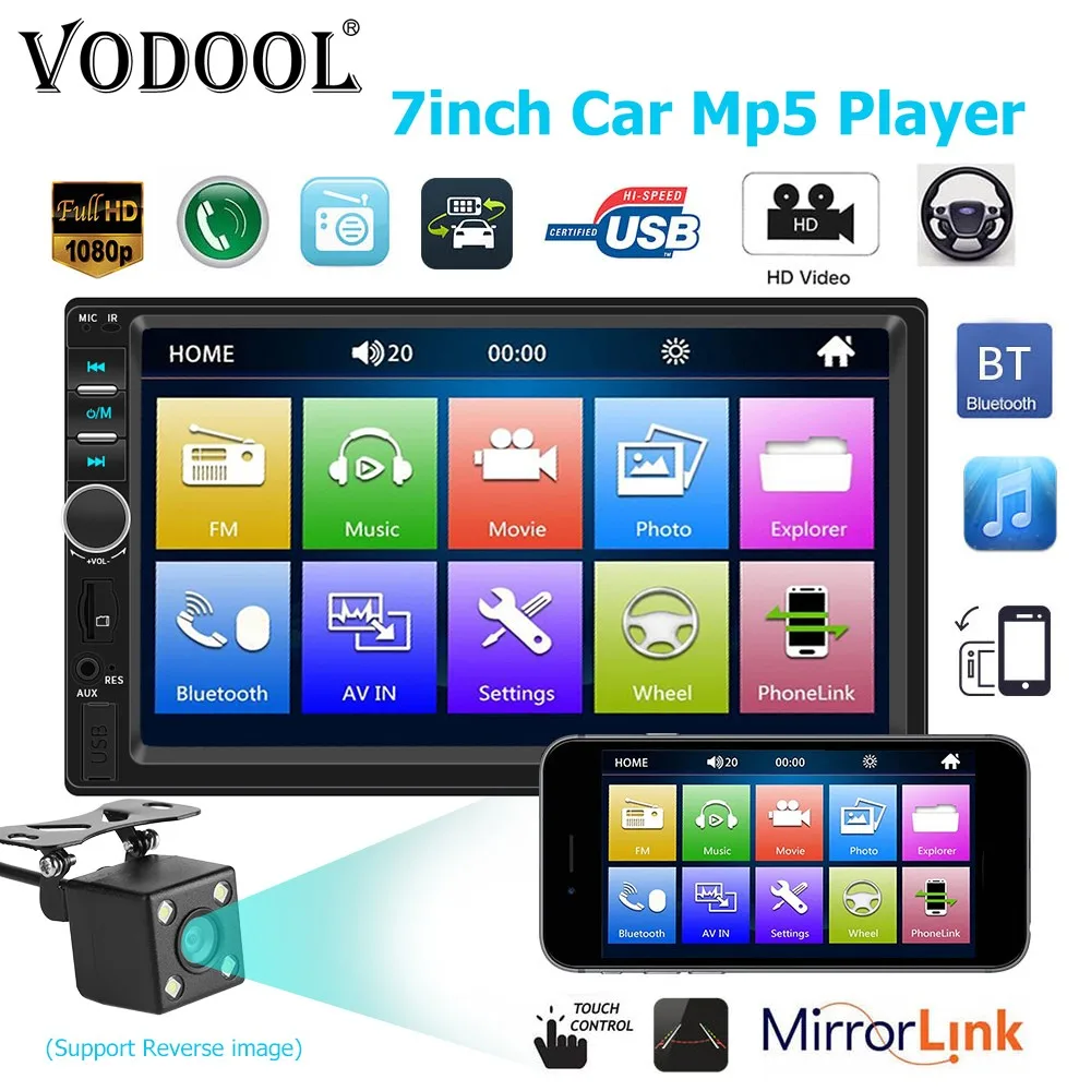 VODOOL 2Din 7018B 7 Touch Screen In Dash Bluetooth Car MP5 Player FM Radio Audio 1080P Video Media Player With Rear View Camera