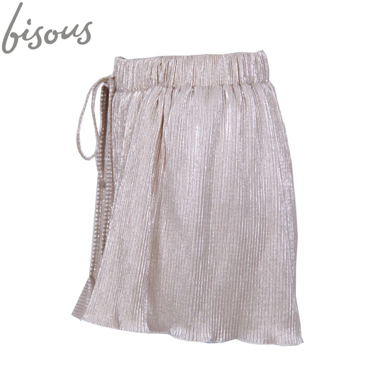
Summer hot beach women short shiny metallic pleated drawstring Shorts 