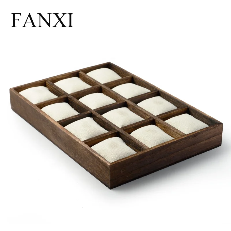 

FANXI Custom Engrave Logo Shop Counter Wood Tray Linen Pillows for Bangle Bracelet Display Holder with Pillow Jewelry Watch Tray, Raw wood or customized color for watch tray