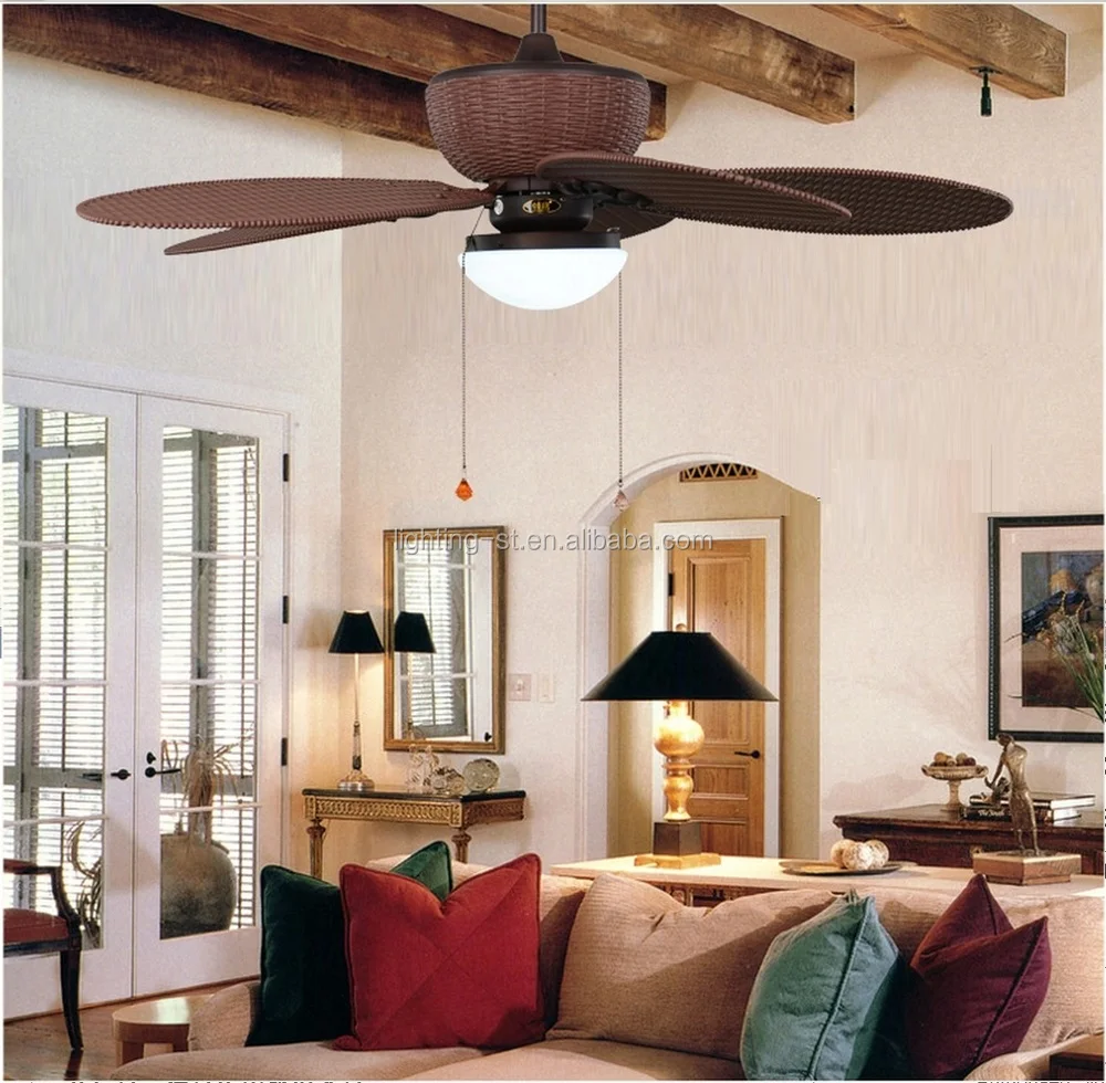 48 inch Ceiling Fan with Five Antique brown Wicker knitted Blades and Light Kit for tropical rainy climate PTSD185