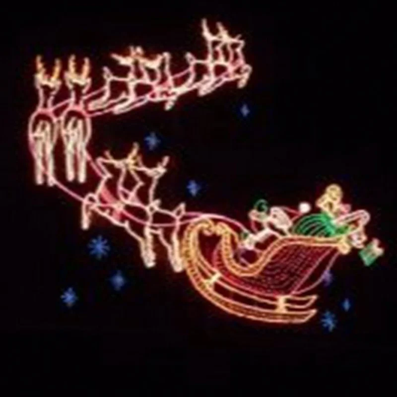 Outdoor Lighted Santa Reindeer Sleigh Sled In Sky Animated Moving