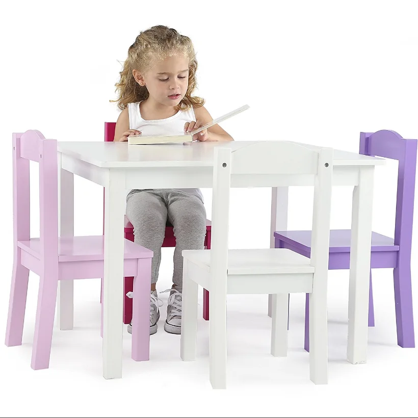 Kids Children Wood Table And 2 4 Chairs Set White Pink Purple