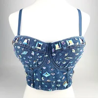 

Wholesales Handmade Full Diamond Denim Bra Tops Off Shoulder Crop Top Plain