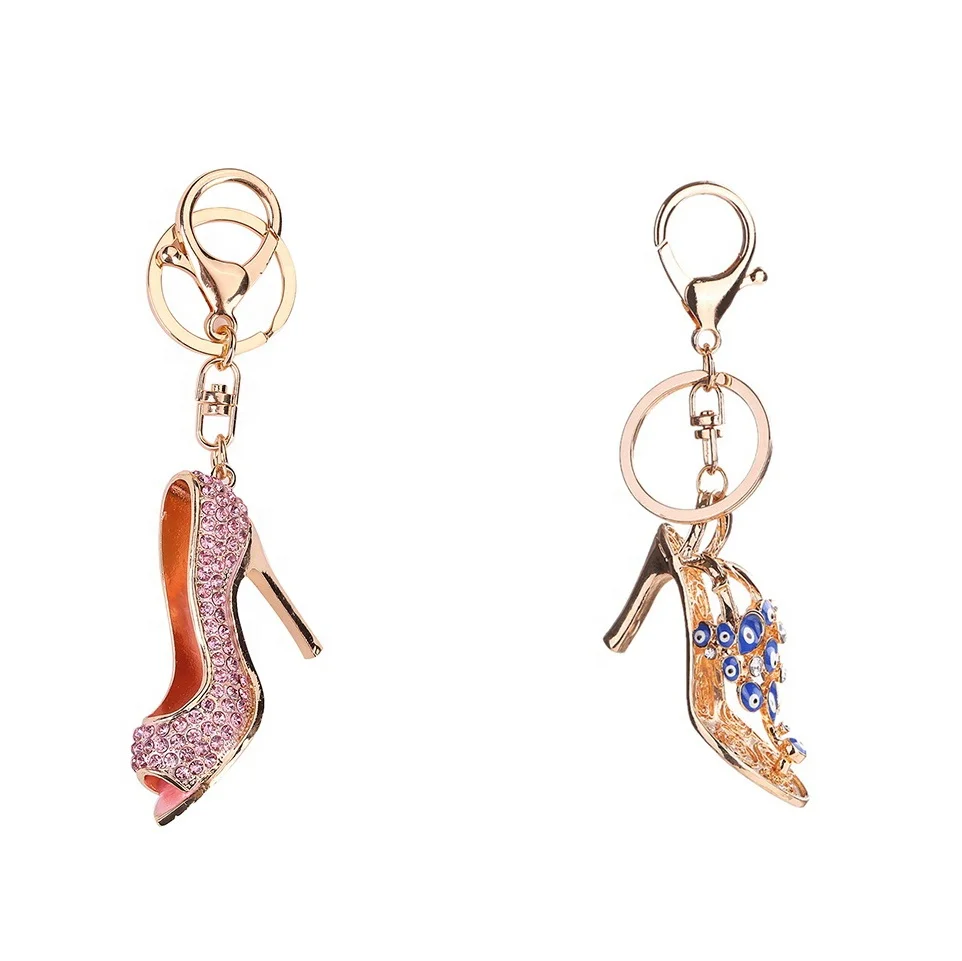 

Wholesale Fashion Charm pink plated gold rhinestones high heels keychain, As picture