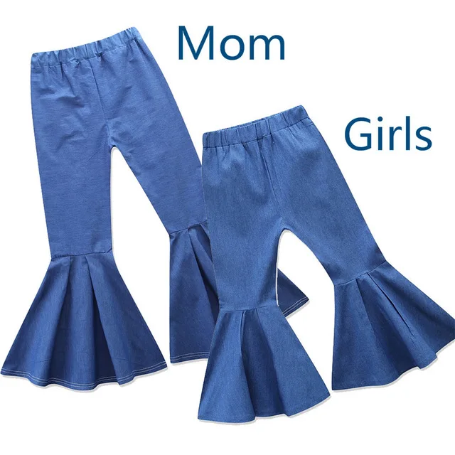 

Family Matching Clothes Mommy and Me Pure Color Elastic Waist Flared Trousers Pants Kids Girl Bell bottom Pants, Blue