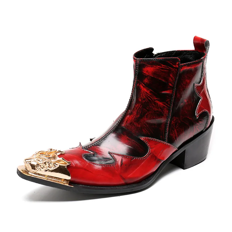 

Metal Pointed toe British men's boots popular high-top fashion boots, Red