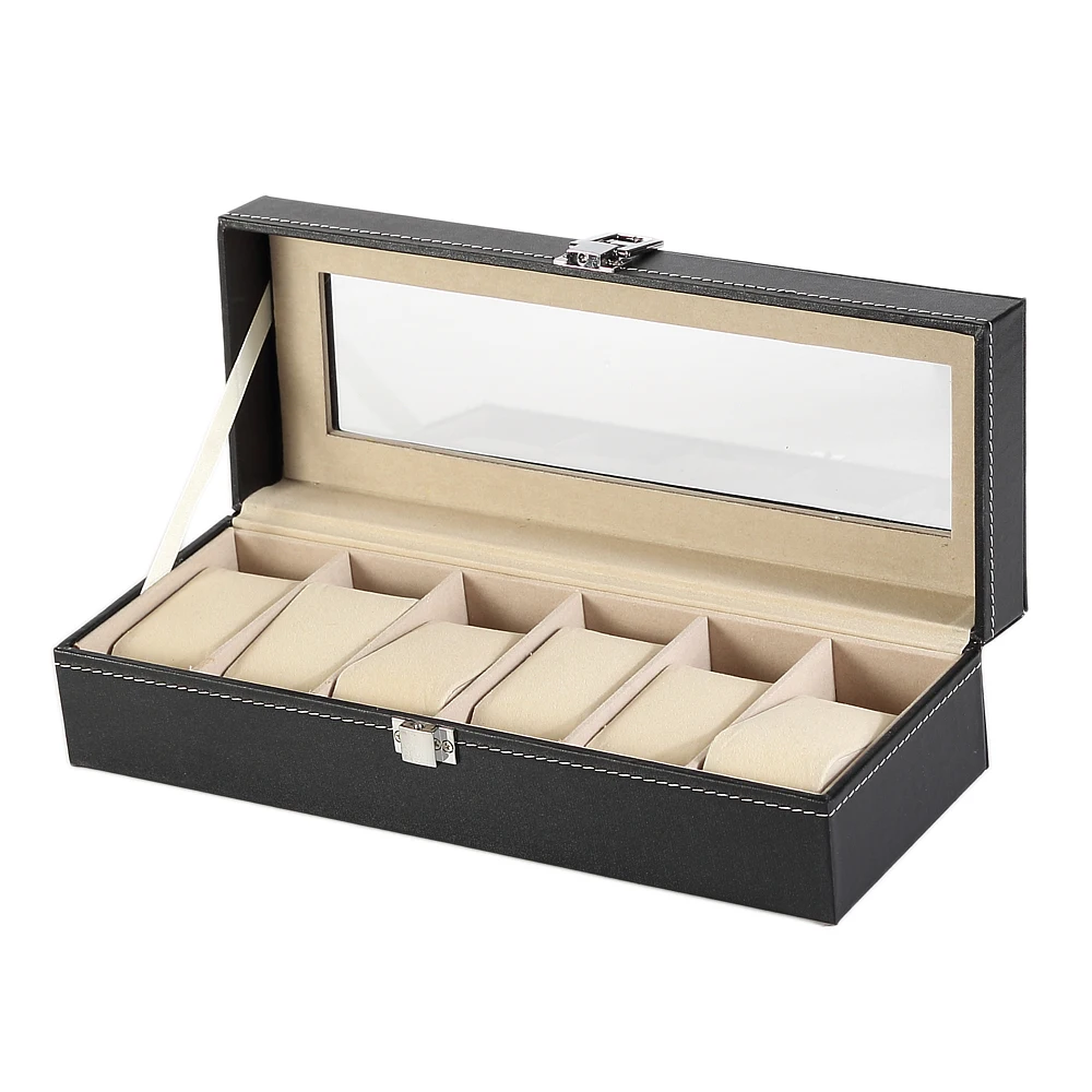 

Black Pu Leather Glass Top 6 Slot Suede Lining Packaging Storage Display Case Jewelry Wrist Watch Box