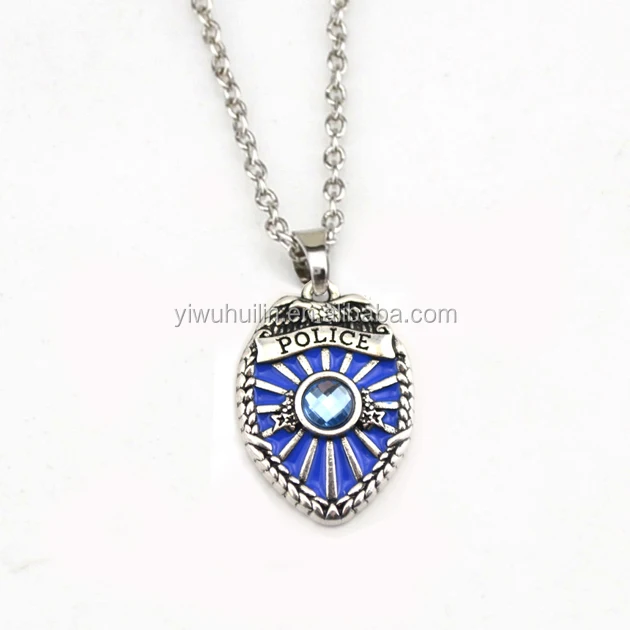 

Fashion Policemen blue enamel pave big crystal long link chain necklace