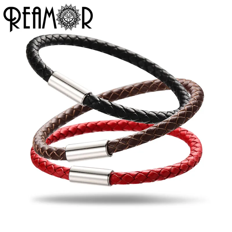 

REAMOR Top Quality Genuine Braided 5mm Leather Bracelets Women Men Bracelet DIY For Jewelry Making With Magnet Clasp