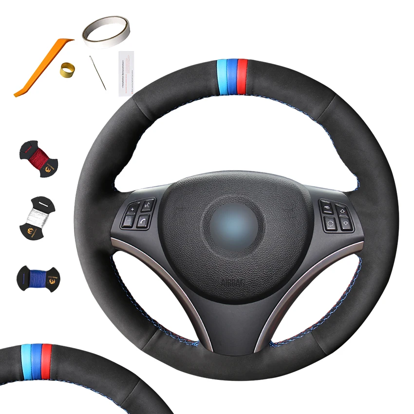

Hand-stitched Black Suede Red Marker Steering Wheel Cover for BMW E90 320i 325i 330i 335i E87 120i 130i 120d