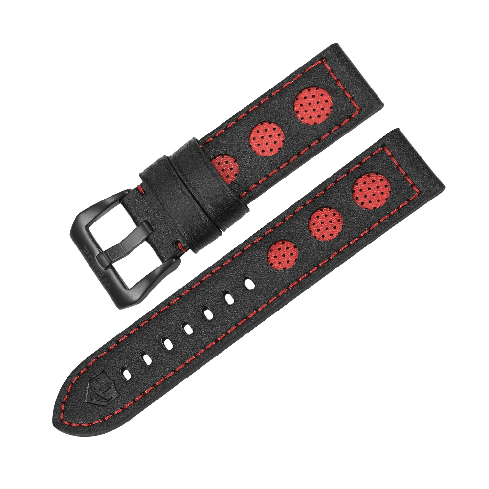 

WEIDE Luxury Watches Genuine Leather Watch Strap For Men Red Color 21cm High Quality All Black Buckle Watch Bands