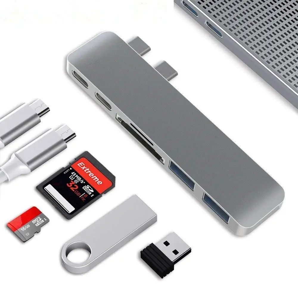 

USB C Hub, Dual Type C Hub 6In1 Adapter 4K HD USB 3.0 Card Reader Dongle For MacBook Pro Mac, Grey silver