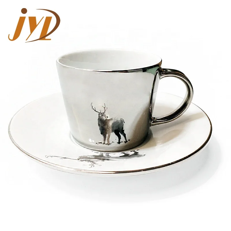 

Newest wholesale originality fancy mirror reflective ceramic coffee tea cup with handle, Gold & silver